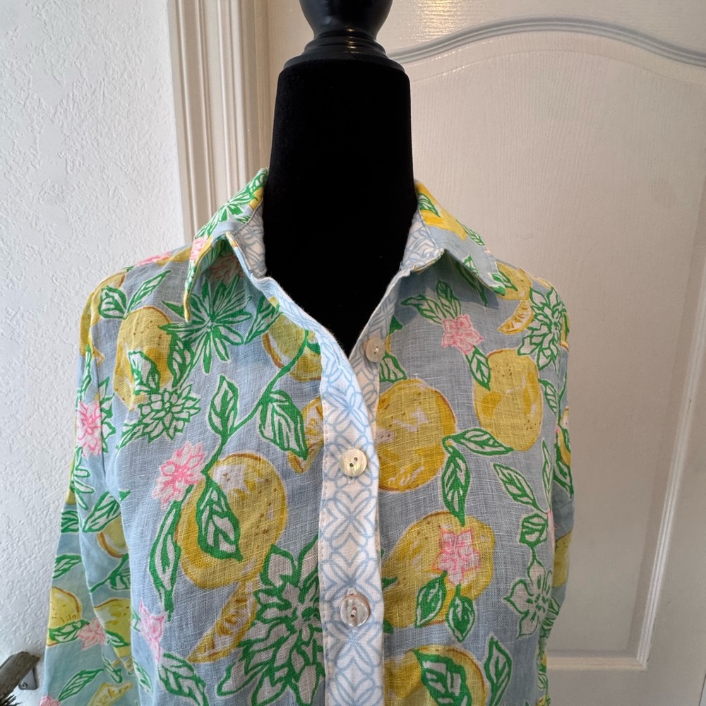 Lilly Pulitzer Sz XXS Riverlyn Pieced Print Tunic Bluette Make Lemonade in Linen - Picture 5 of 12